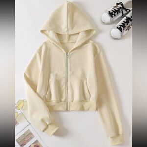 Solid Zip Up Drop Shoulder Crop Hoodie